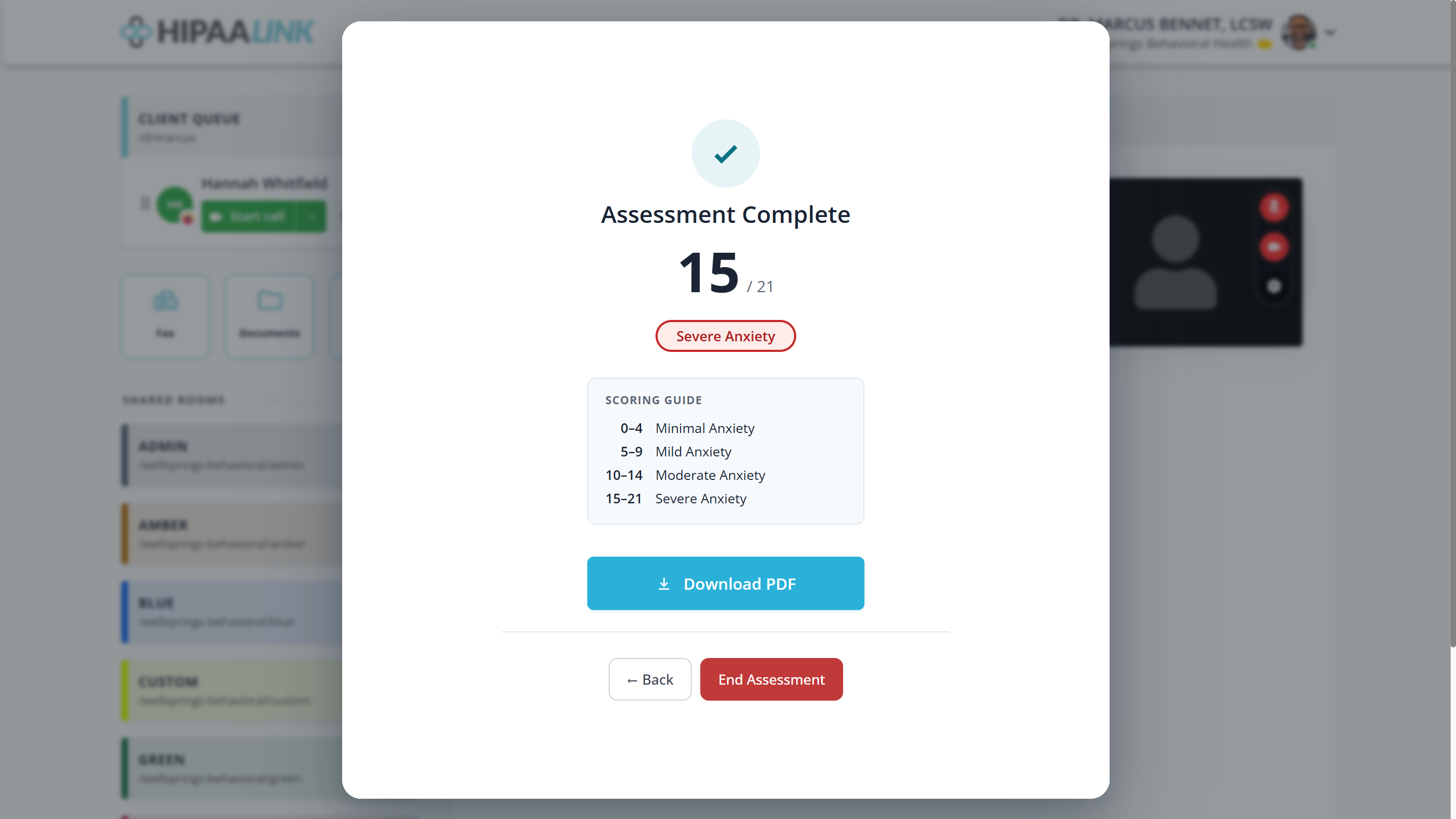 A panel headed Assessment Complete showing a score of 15 out of 21 and a red badge reading Severe Anxiety. A scoring guide lists 0 to 4 Minimal Anxiety, 5 to 9 Mild Anxiety, 10 to 14 Moderate Anxiety and 15 to 21 Severe Anxiety. A Download PDF button follows, with Back and End Assessment beneath it.