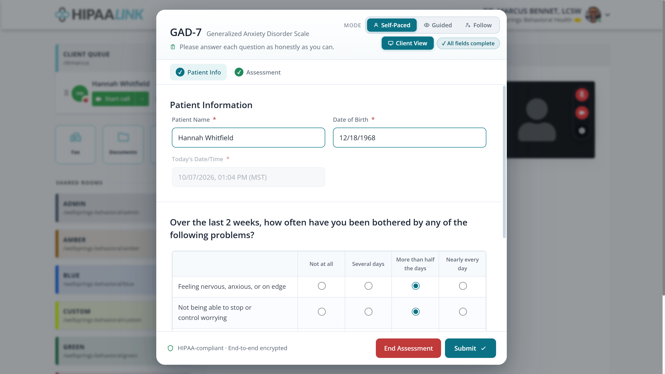 A GAD-7 assessment headed Generalized Anxiety Disorder Scale. Mode buttons read Self-Paced, Guided and Follow, and a badge reads All fields complete. Two step pills, Patient Info and Assessment, both show ticks. A Patient Information block holds a name and date of birth, with a read-only field for todays date and time. Below is the question Over the last 2 weeks, how often have you been bothered by any of the following problems, and a grid of questions against four columns: Not at all, Several days, More than half the days, and Nearly every day.