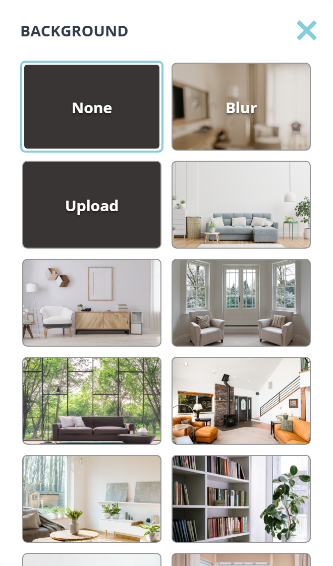 The Background panel. The first row holds a dark None tile with a highlighted border and a Blur tile showing a blurred room. The second holds a dark Upload tile and the first photograph. Below them, photographs of rooms continue in two columns past the bottom of the panel.