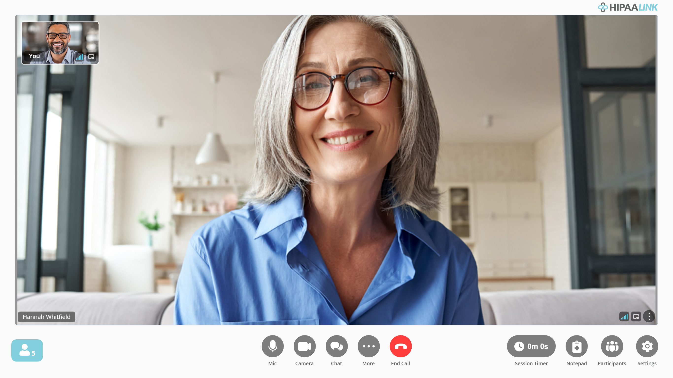 A call screen. The client fills the window, her name Hannah Whitfield on a label at the bottom left. The provider appears in a small framed tile at the top left marked You. Along the bottom are round grey buttons labelled Mic, Camera, Chat, More and a red End Call in the middle, then a second group to the right labelled Session Timer, Notepad, Participants and Settings. A count of waiting clients sits at the far left.