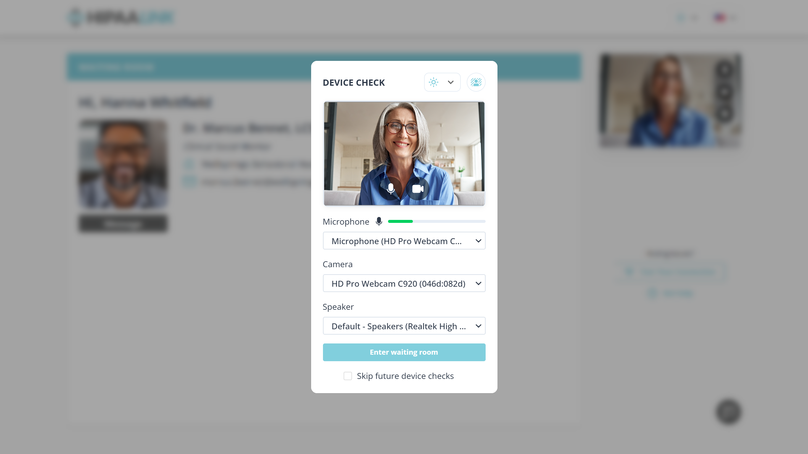 A dialog headed DEVICE CHECK over a dimmed page. At the top are a theme control and a background control. Below them a preview of the camera shows the person, with microphone and camera buttons across it. Under the preview, Microphone has a level meter lit green beside it and a dropdown naming the device, then Camera and Speaker each have their own dropdown. A full width Enter waiting room button sits at the bottom, with a Skip future device checks tick box beneath it.