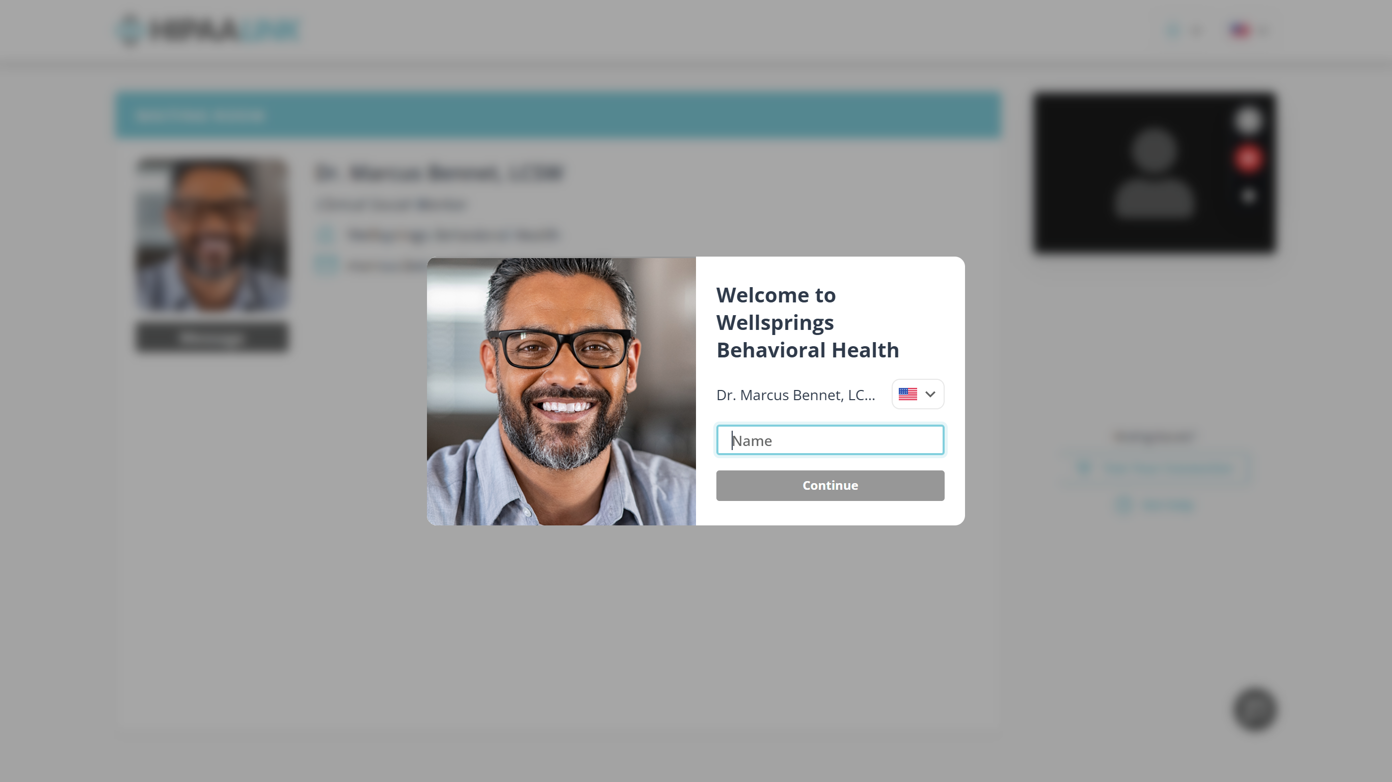A browser window with its background dimmed behind a welcome box. The box reads Welcome to Wellsprings Behavioral Health, with the provider's name and photograph, a flag button for choosing a language, an empty Name field and a Continue button below it.