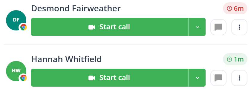 Two client rows. Each has a circular avatar with initials and a small browser badge, the client name, a wait time pill, a green Start call button with a dropdown arrow beside it, a chat button, and a three dot menu.