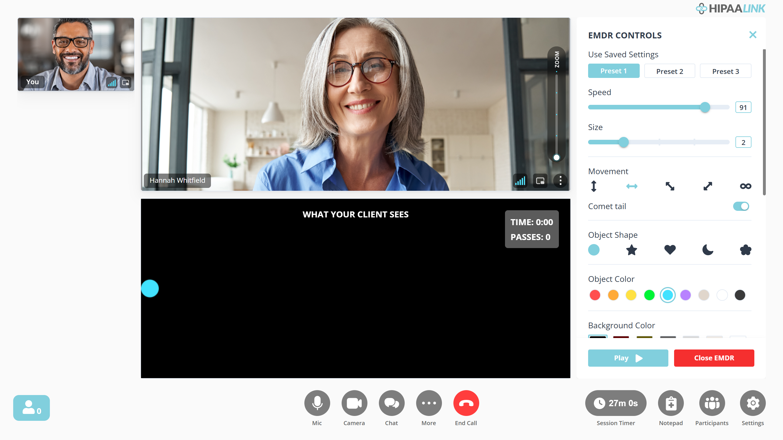 A call with the EMDR controls open down the right side. The client fills the top half of the screen and a black panel below her is headed WHAT YOUR CLIENT SEES, with a blue dot at its left edge and a box reading TIME 0:00 and PASSES 0. The controls list Use Saved Settings with three presets, Speed, Size, Movement, Comet tail, Object Shape and Object Color.