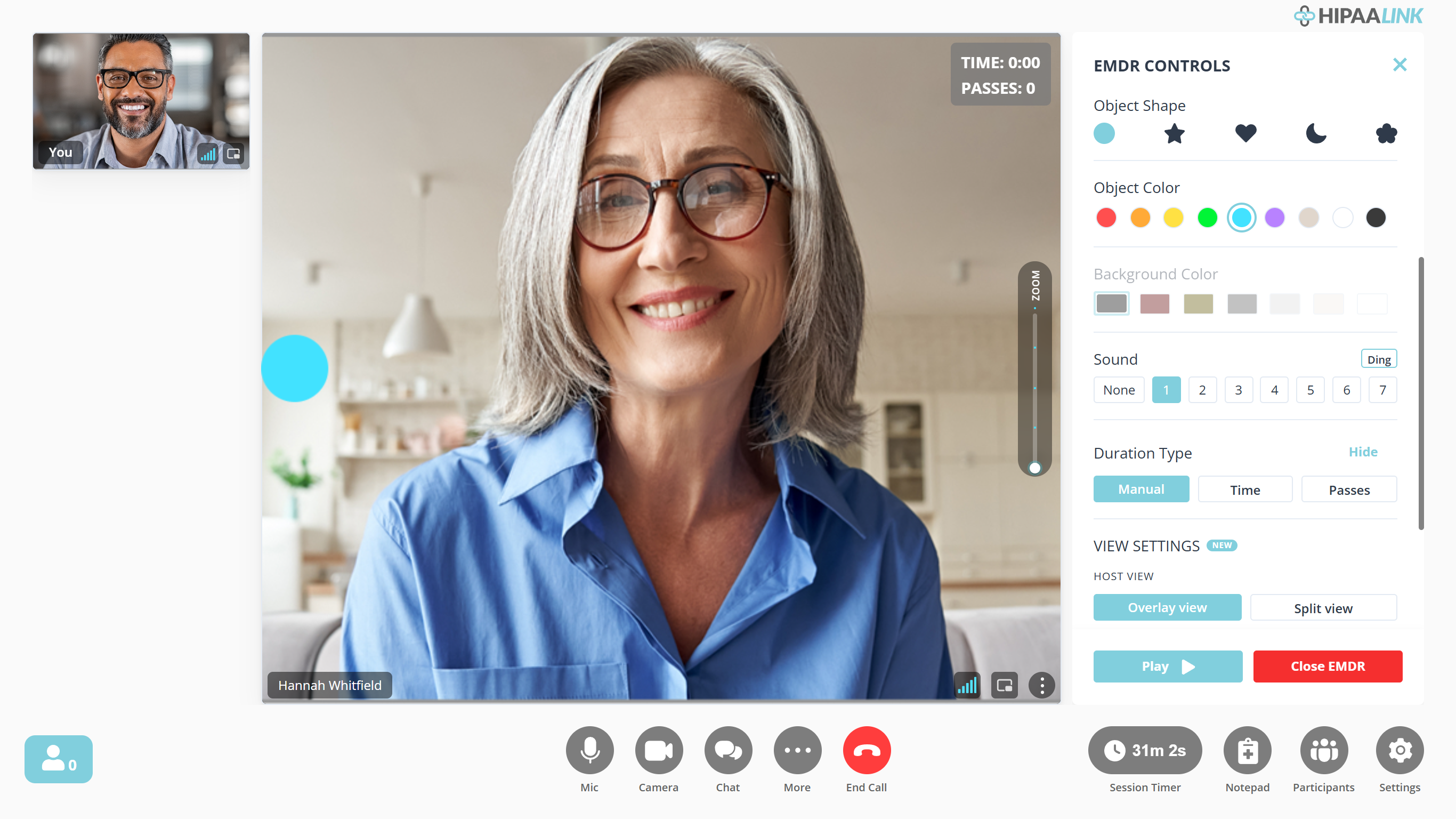 The same call with the target drawn over the client video itself, a blue dot to the left of her face. The time and passes counter has moved to the top right corner of the video. The controls now show Object Shape, Object Color, a greyed out Background Color, Sound numbered one to seven, Duration Type, and View Settings with Overlay view selected beside Split view.