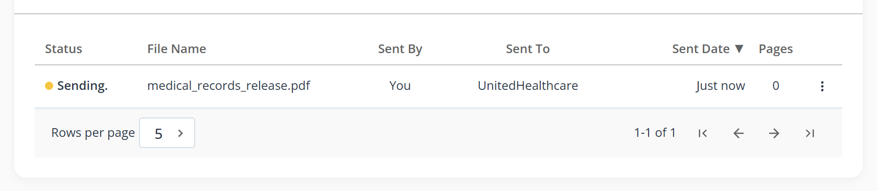 One row in the sent list. Status reads Sending beside an amber dot. Sent By reads You, Sent Date reads Just now, and the page count is zero. The file name and the recipient are filled in.