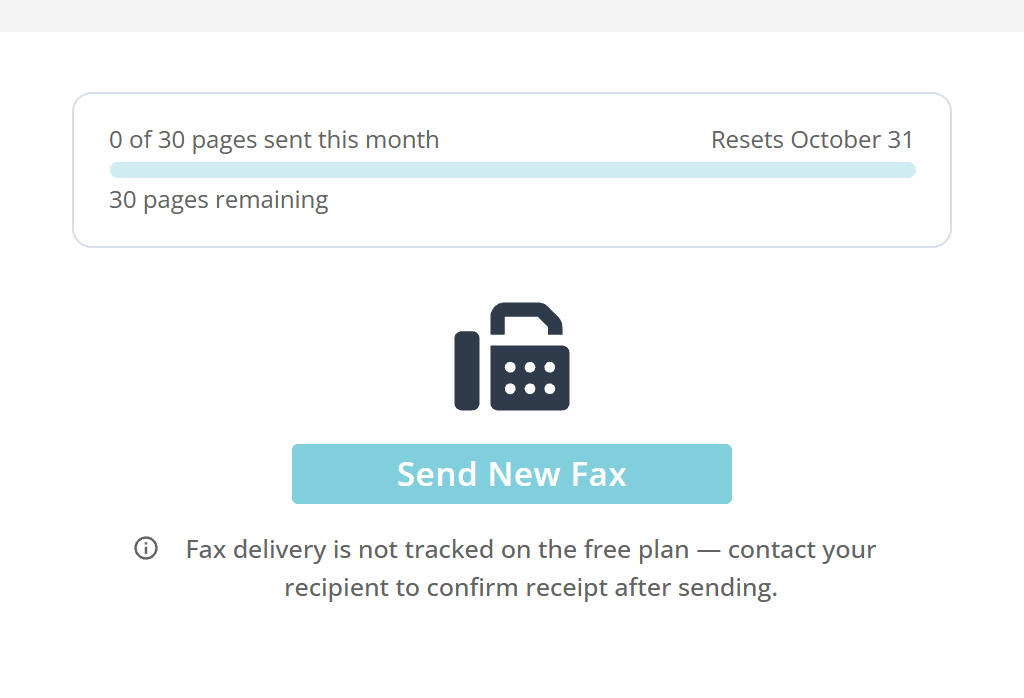 The fax page on the free plan. A card at the top reads zero of thirty pages sent this month with a reset date on the right, a full width bar beneath it, and thirty pages remaining below that. Under the card sits a fax machine icon, a Send New Fax button, and a line saying fax delivery is not tracked on the free plan.