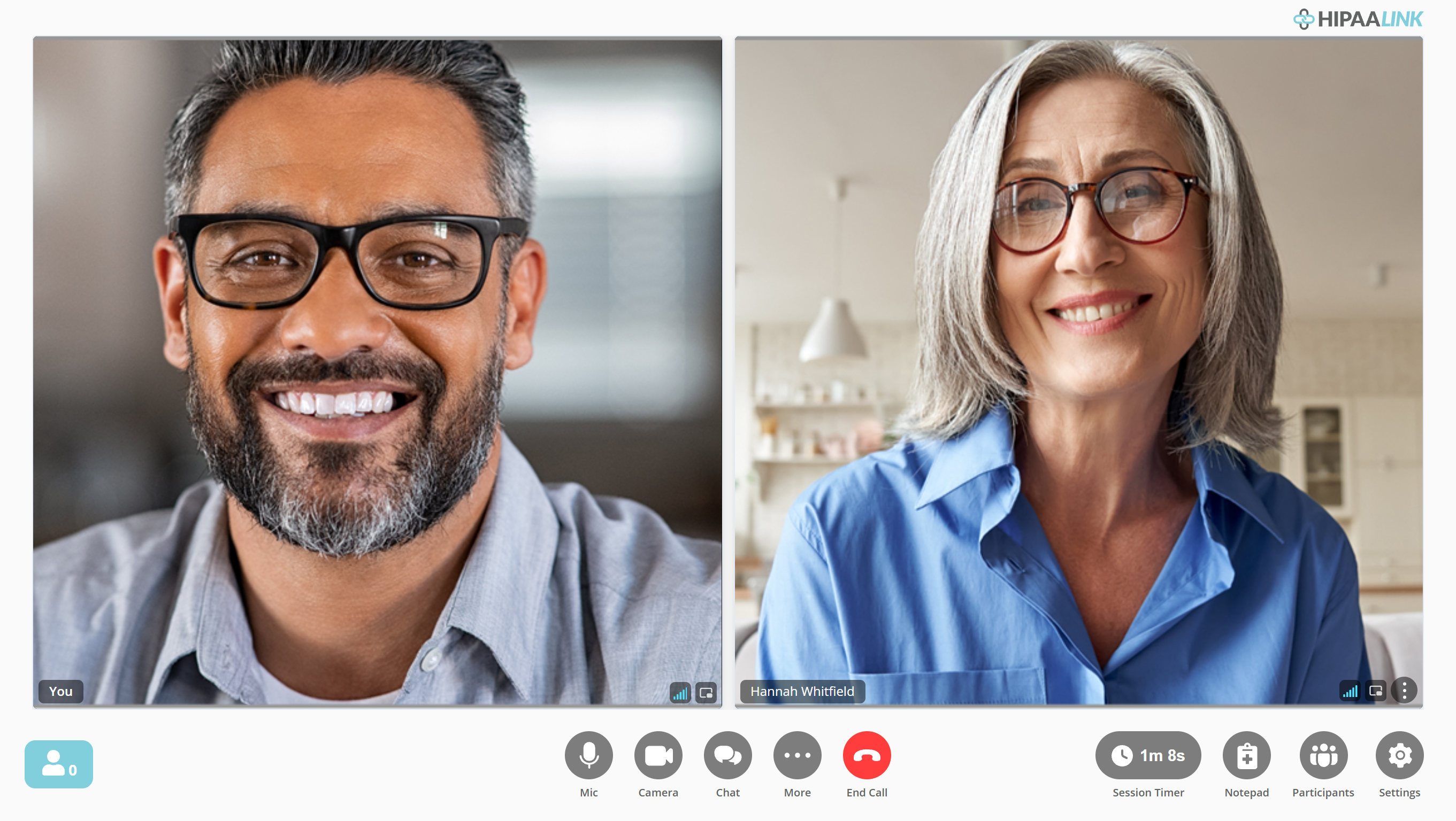 A call in grid view. Two video tiles of equal size sit side by side, the left labelled You and the right labelled Hannah Whitfield. The usual row of controls runs along the bottom.