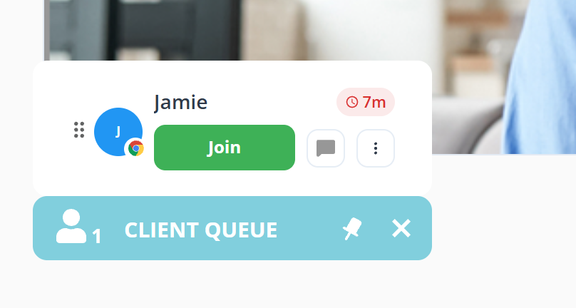 The lower left corner of a call. A white card holds a row for Jamie with a seven minute wait pill, a green Join button, a speech bubble button and a three dot button. Beneath the card a wide blue bar reads CLIENT QUEUE, with a person icon and the number one at its left and a pin and a cross at its right.
