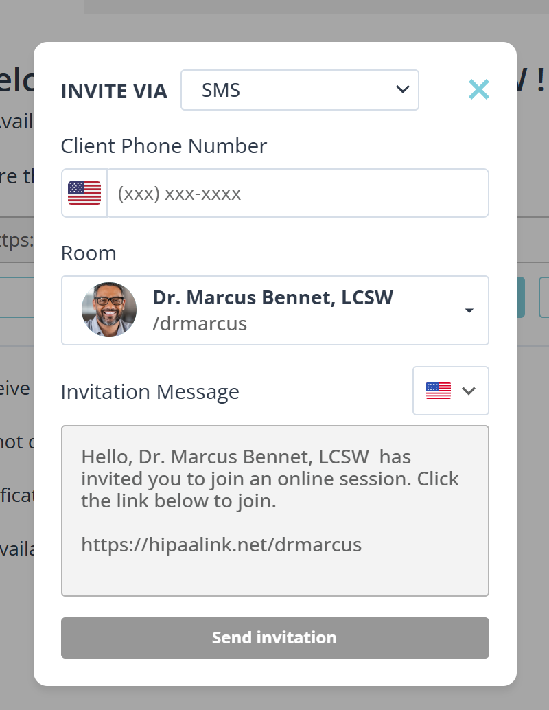 The same dialog with SMS chosen. In place of the email field is Client Phone Number, with a country flag and the format bracket x x x bracket x x x dash x x x x. Room, Invitation Message and Send invitation are unchanged.