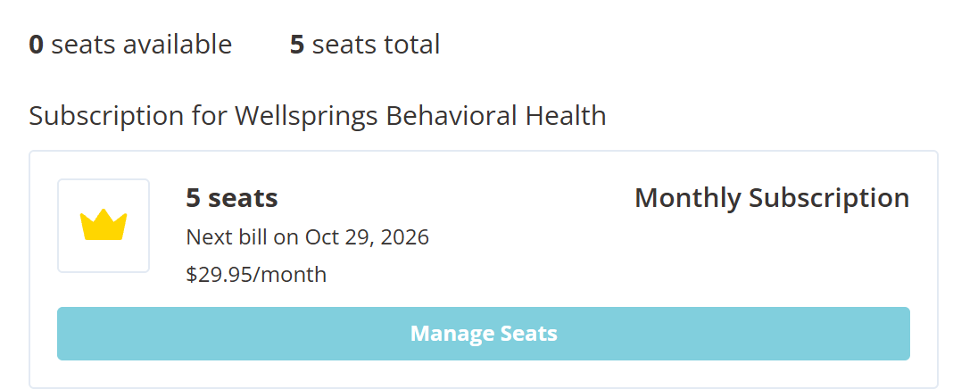 The top of the Subscriptions page. A line reads zero seats available and five seats total. Below it, a card headed Subscription for the clinic shows five seats, the next bill date and the monthly price, with Monthly Subscription on the right and a full width Manage Seats button across the bottom.