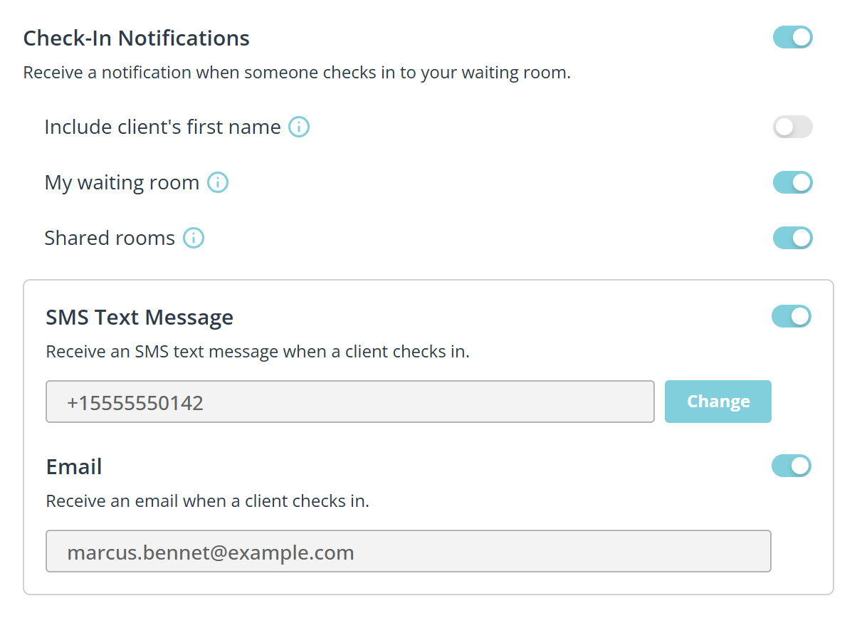 The Check-In Notifications panel. A switch sits at the right of the heading, on. Below it three rows with switches: Include client's first name, off, then My waiting room and Shared rooms, both on. A bordered box beneath holds SMS Text Message, on, with a greyed field reading plus one five five five five five five zero one four two and a Change button beside it, then Email, on, with a greyed field holding an email address.