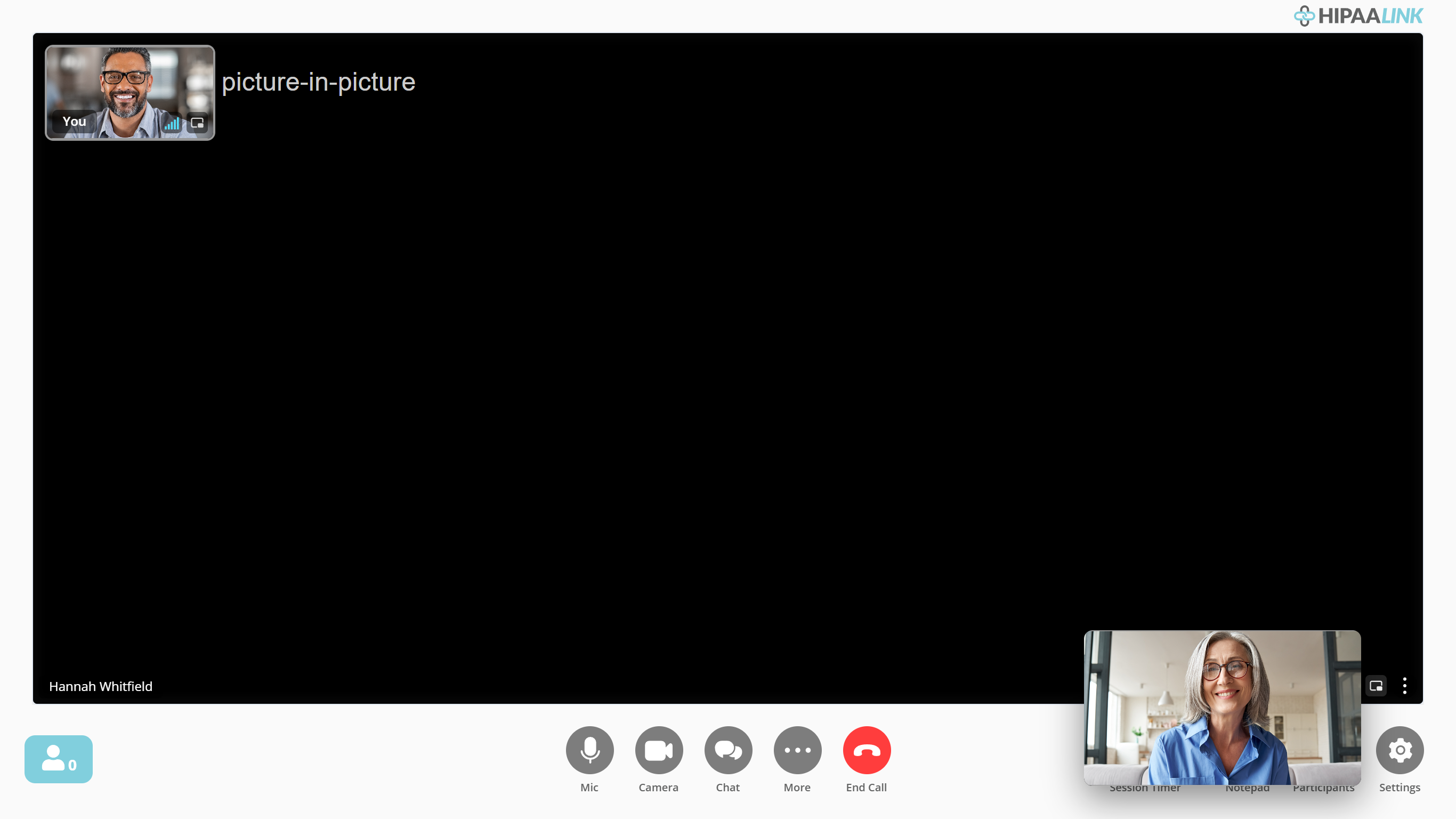 A call where the client video area is entirely black and carries the words picture-in-picture, with her name still on a label at the bottom left. A small rounded window sits over the lower right of the screen showing the client, overlapping the controls. The provider tile at the top left is unchanged.
