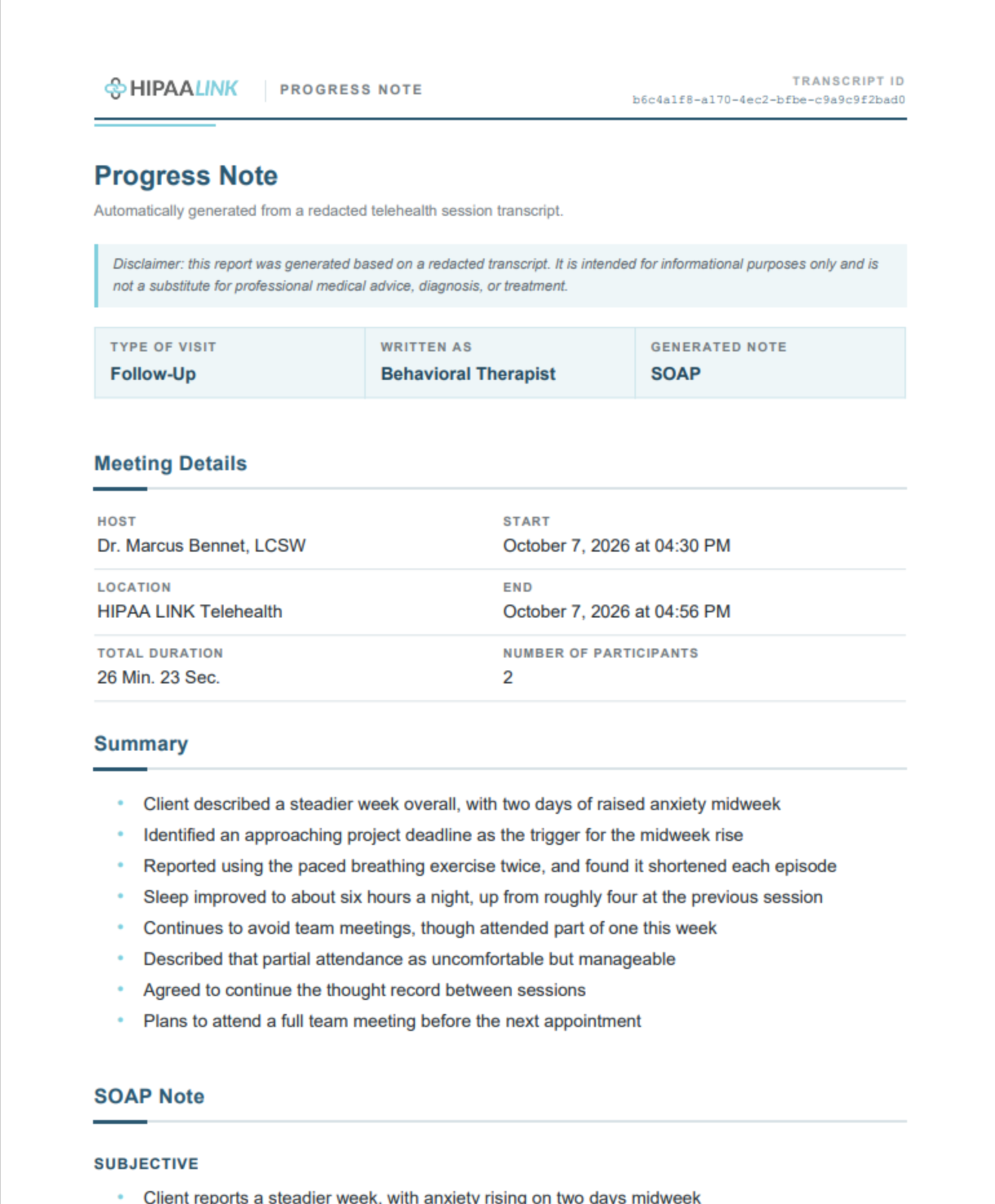 The first page of a generated progress note. A header carries the HIPAA LINK logo, the words PROGRESS NOTE and a transcript id. Below the title is a disclaimer that the report was generated from a redacted transcript and is not a substitute for professional medical advice. A row gives Type of Visit Follow-Up, Written As Behavioral Therapist and Generated Note SOAP. A Meeting Details block lists host, location, start, end, duration and number of participants. A Summary section follows as bullet points, then the start of the SOAP Note.