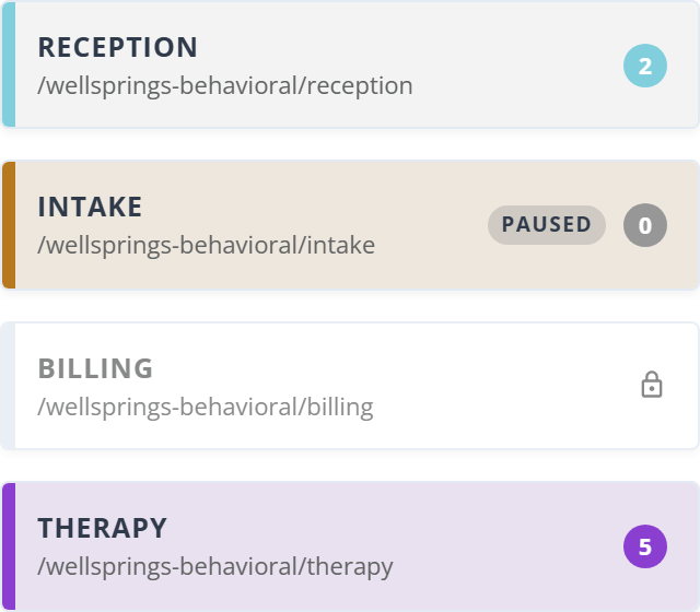 Four room cards stacked. Reception has a teal stripe and a blue count of 2. Intake has an amber stripe, a PAUSED tag and a grey count of 0. Billing has no stripe, grey text and a padlock instead of a count. Therapy has a purple stripe and a purple count of 5.