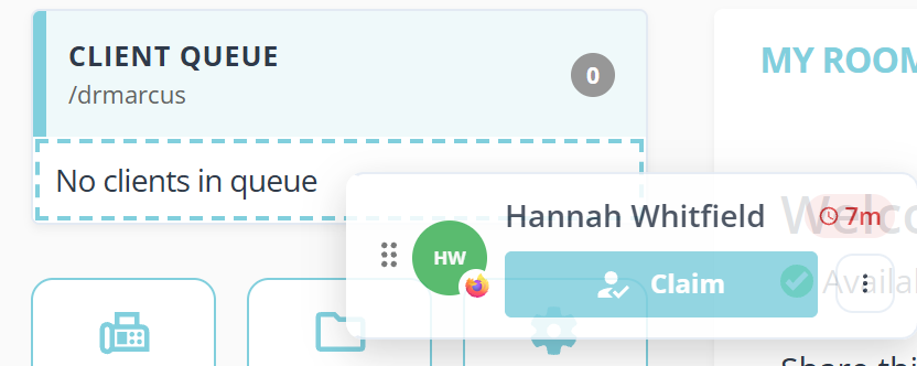 The top of the queue column during a drag. The Client Queue card for slash drmarcus reads No clients in queue, and that area is outlined with a dashed border. A copy of the client card, showing Hannah Whitfield, a wait pill and a Claim button, floats over it slightly transparent.