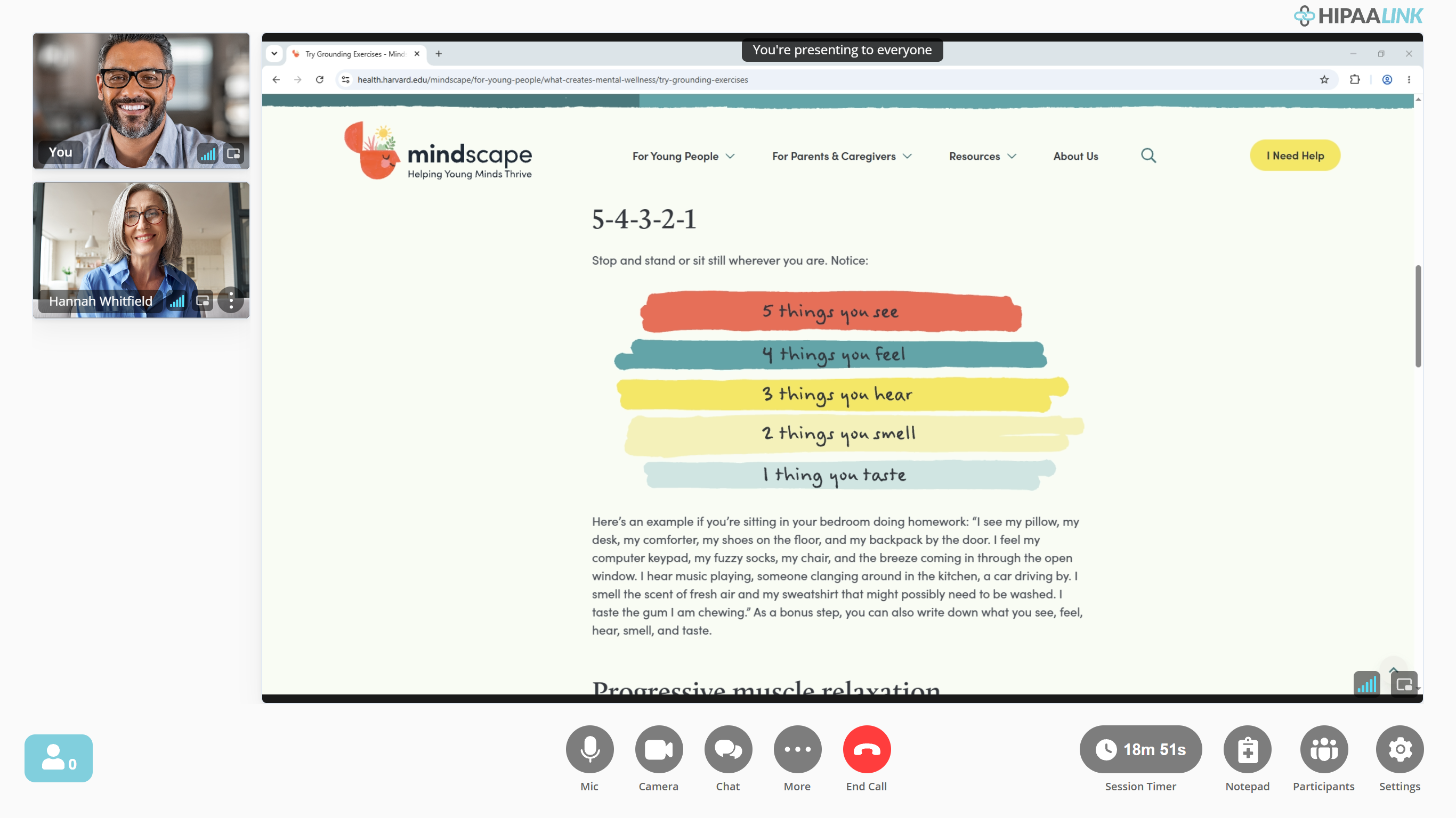 A call with a screen being shared. The shared browser window fills most of the call and shows a wellbeing article with a five step grounding exercise. A banner across the top of it reads You are presenting to everyone. Two small video tiles stack down the left, the upper one labelled You and the lower one with the client name. The call controls run along the bottom.
