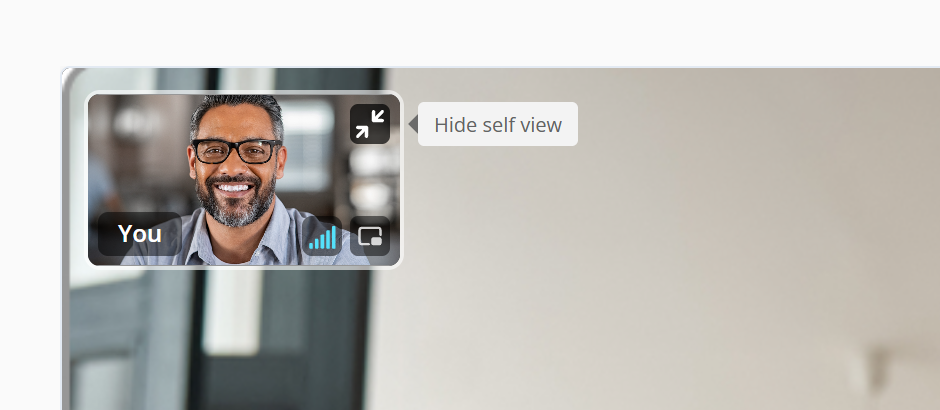 The upper left corner of a call. A small picture of the provider labelled You sits inside the larger client video. A dark square button with two inward arrows sits in the top right of that small picture, and a tooltip beside it reads Hide self view.