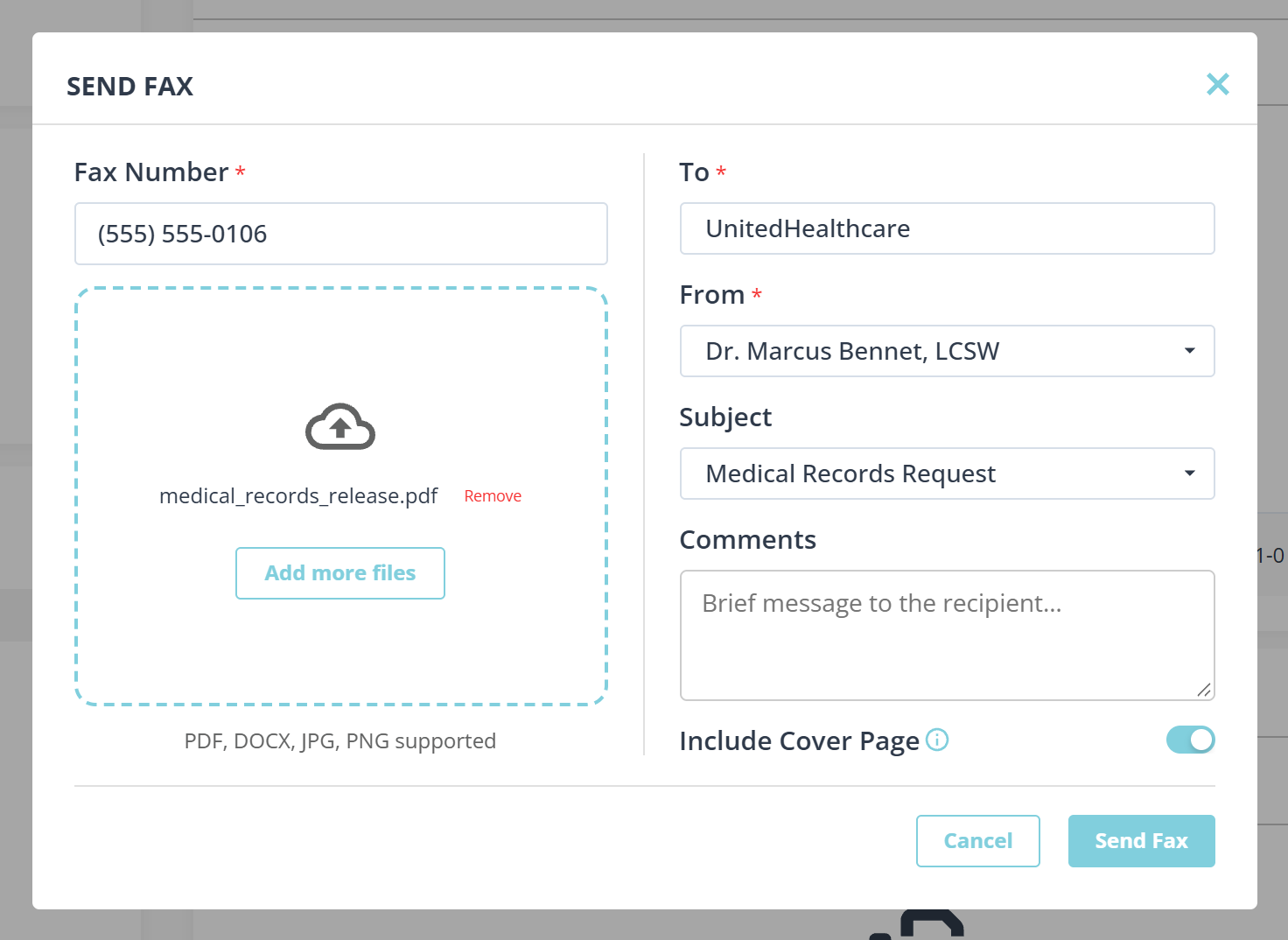 A dialog headed SEND FAX in two columns. On the left a Fax Number field holds a number, and below it a dashed drop area shows an attached PDF with a Remove link and an Add more files button, with a line underneath listing the supported file types. On the right are To, From, Subject and Comments fields, then an Include Cover Page switch turned on. Cancel and Send Fax buttons sit at the foot.
