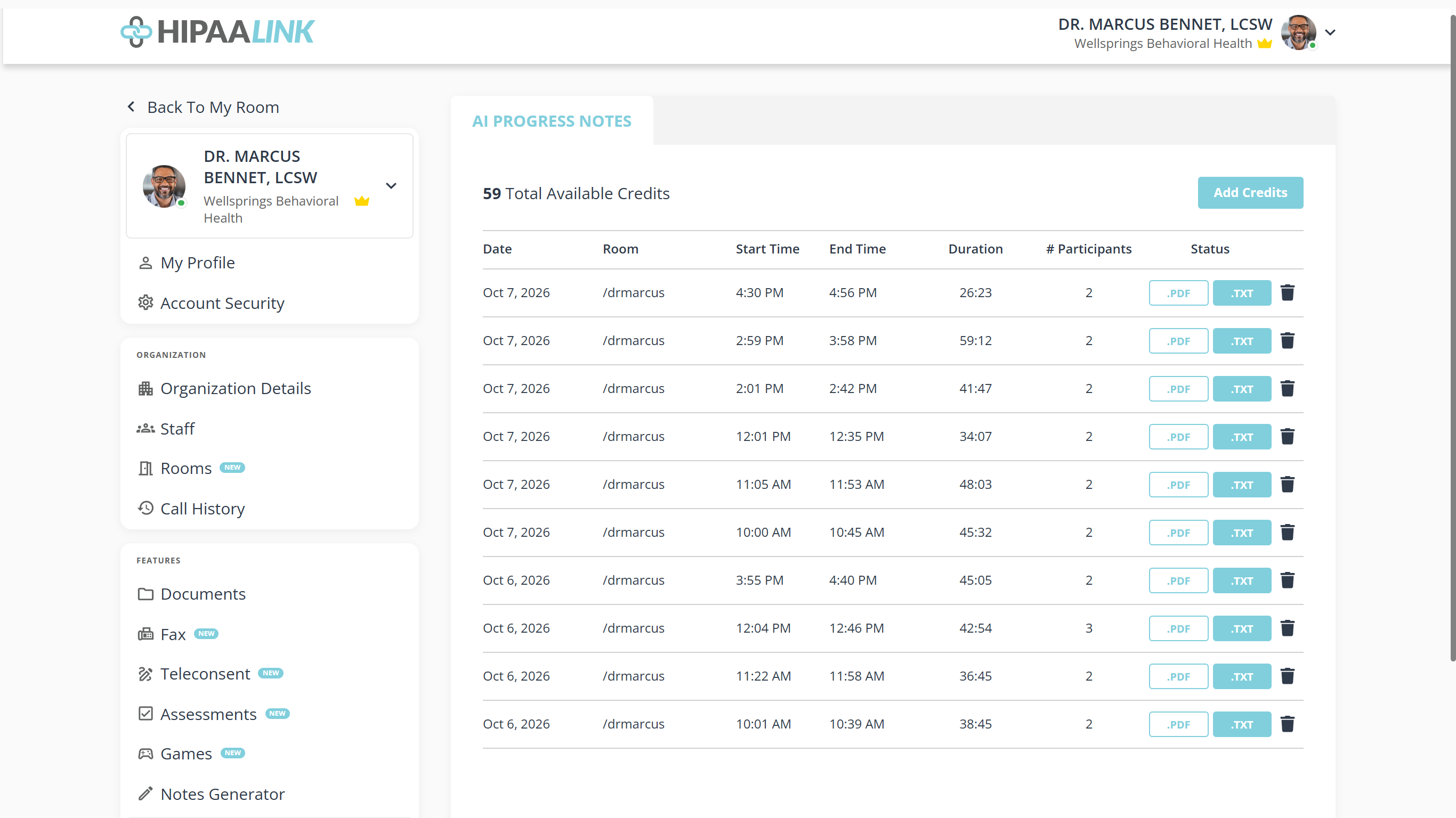 The AI Progress Notes page in settings. A heading reads 59 Total Available Credits with an Add Credits button beside it. Below is a table with columns Date, Room, Start Time, End Time, Duration, number of Participants and Status. Each row ends with a .PDF button, a .TXT button and a bin icon.