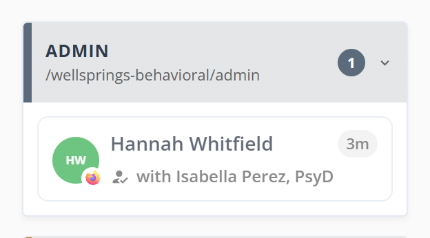 A room card headed ADMIN with its check-in link and a count of one. Inside it, a card for Hannah Whitfield shows a wait pill and a line reading with Isabella Perez, PsyD beside a small person icon. The card carries no buttons.
