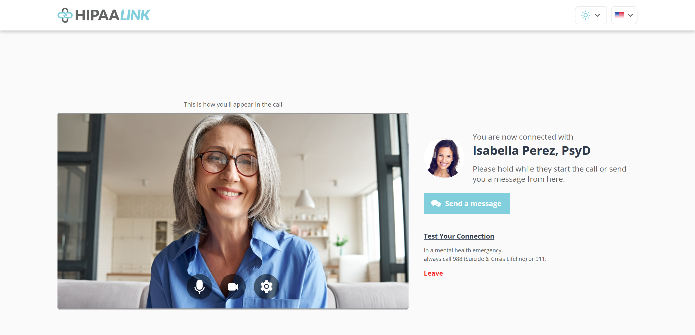 The same page after being claimed. The camera preview is unchanged on the left. On the right, where the clinic logo and room tag were, there is now a round photograph of the member, the line You are now connected with, their name, and a line asking the client to hold while they start the call or send a message. A Send a message button follows, then Test Your Connection, the crisis line and Leave.