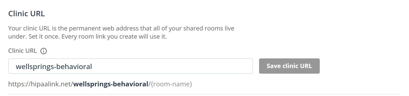 The Clinic URL block in Settings. A heading and a line of explanation sit above a field holding wellsprings-behavioral, with a Save clinic URL button beside it. Underneath, a line reads https colon slash slash hipaalink dot net slash wellsprings-behavioral slash brace room-name brace, with the clinic part in bold.