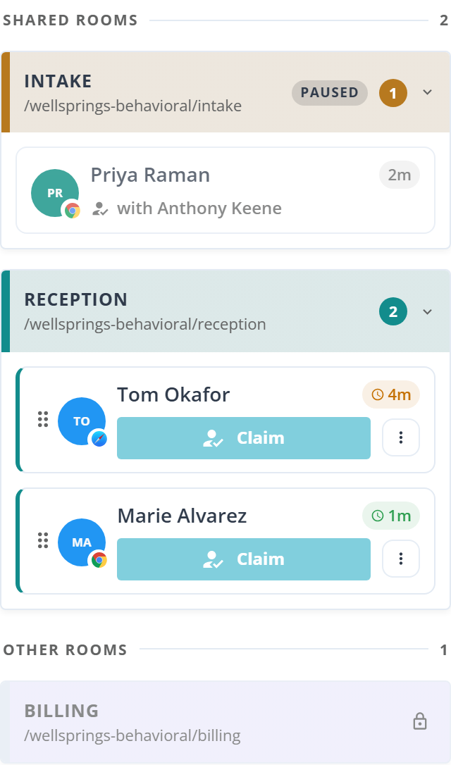 The shared rooms column on the dashboard, showing a room with two clients waiting, a paused room, and a room this provider is not part of.