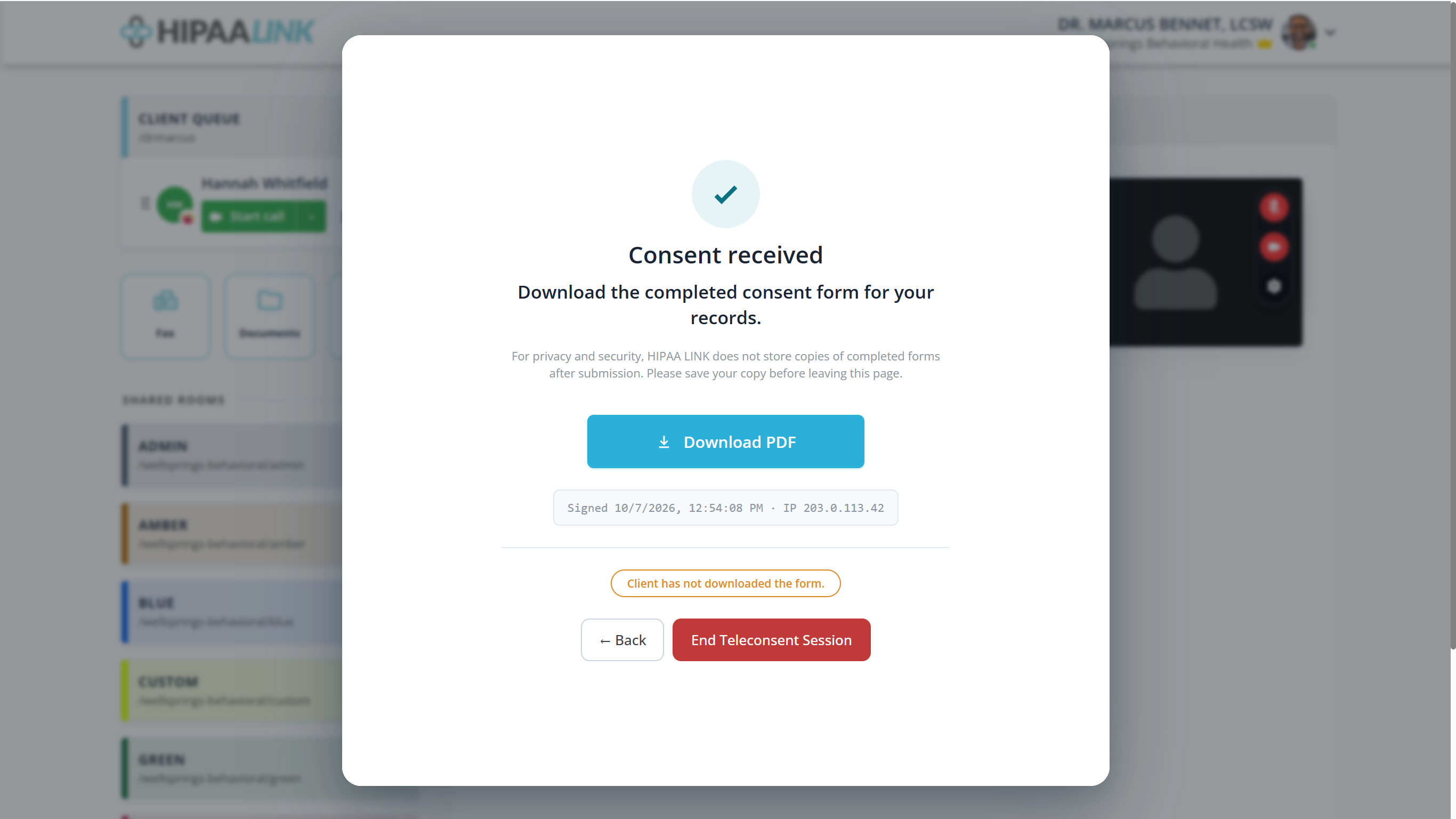 A confirmation panel with a tick, headed Consent received, and a line reading Download the completed consent form for your records. Below it a note says HIPAA LINK does not store copies of completed forms after submission and asks you to save your copy before leaving the page. A Download PDF button follows, then a line giving the signing date, time and IP address, then an amber badge reading Client has not downloaded the form.