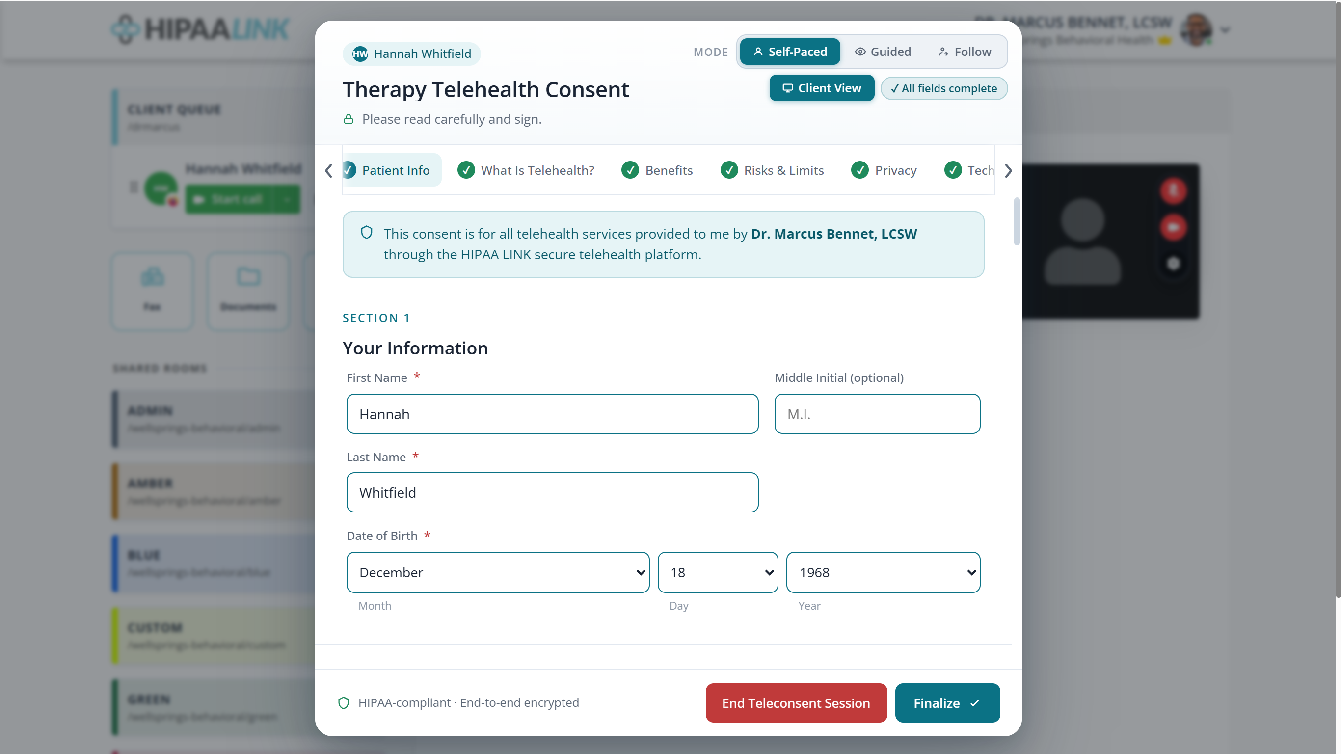A consent form headed Therapy Telehealth Consent for Hannah Whitfield. A row of mode buttons reads Self-Paced, Guided and Follow. Six section pills along the top all show green ticks, and a badge reads All fields complete. Section 1, Your Information, holds a completed First Name of Hannah, a Last Name of Whitfield and a date of birth of December 18 1968. End Teleconsent Session and Finalize sit at the bottom.