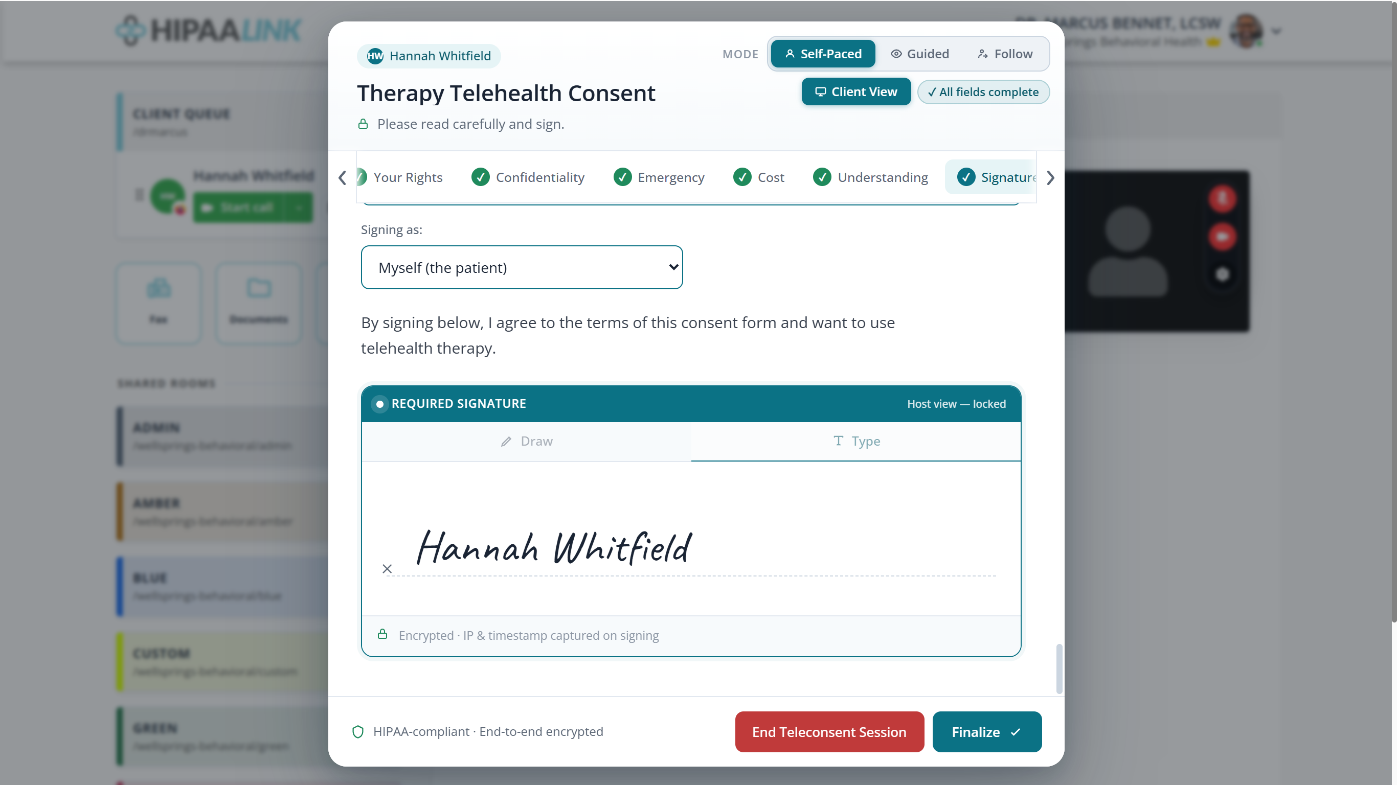 The signature section of a consent form. A Signing as dropdown reads Myself (the patient). A panel headed REQUIRED SIGNATURE is marked Host view, locked at its right. Two tabs read Draw and Type, with Type selected, and the name Hannah Whitfield appears in a handwriting style above a dotted line. A line underneath reads Encrypted, IP and timestamp captured on signing.
